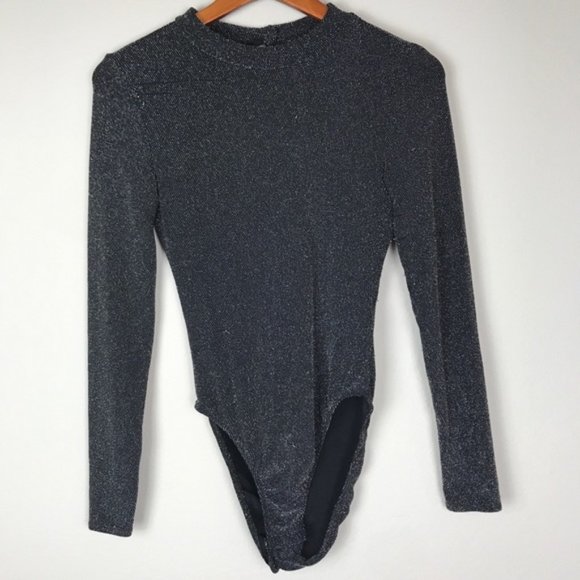 H&M Black Metallic Silver Mock Neck Open Back Long sleeve Bodysuit - Picture 3 of 4
